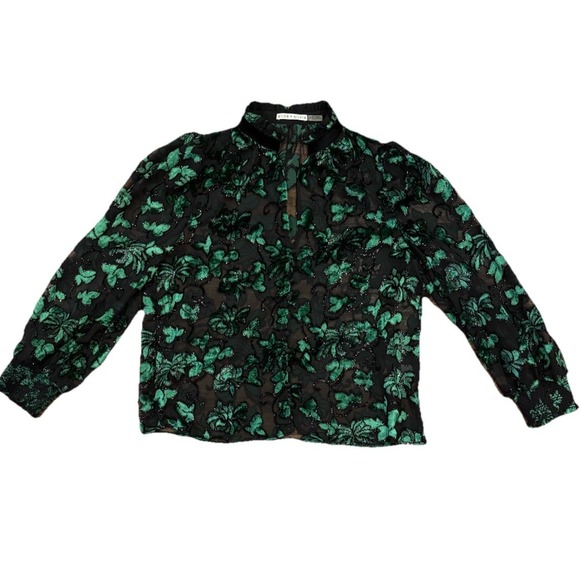 Alice + Olivia Zina Burnout Velvet Sheer Blouse In Black/Emerald Women's Large - Picture 12 of 14